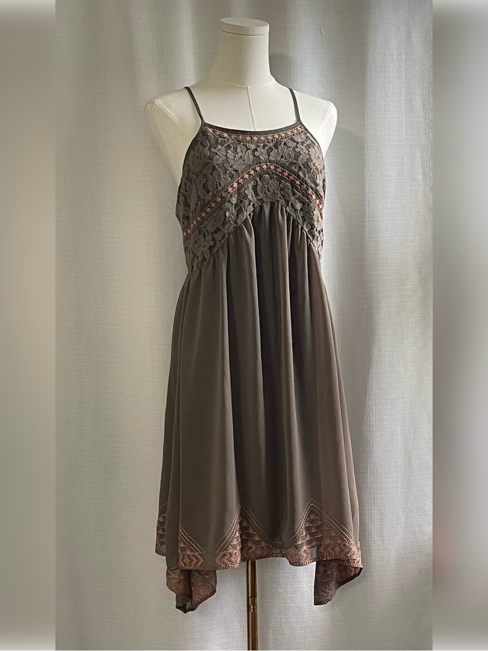 Sheer Floral Lace Bodice Handkerchief Hem Chiffon Side Zip Orange Dress M Boho